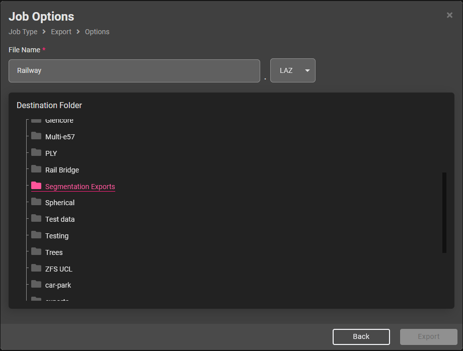 Screenshot of export options