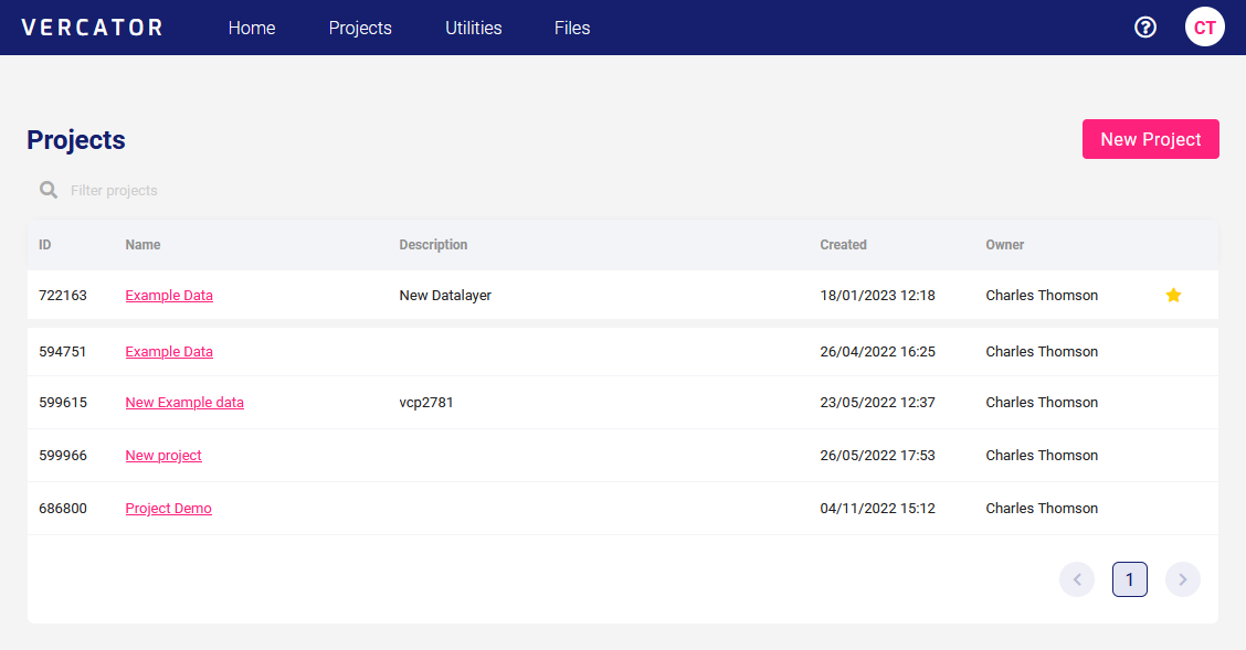 Vercator project list screenshot